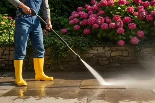 High pressure jetting in a commercial patio space.