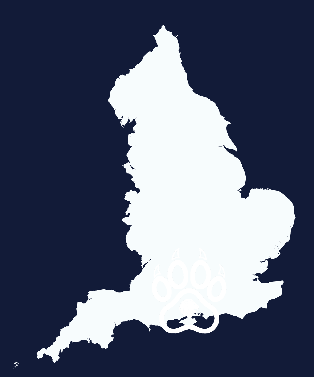 A map of England in white against a dark blue background, featuring a black lion paw print symbol with a lion head inside it positioned over the southern region.