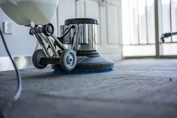 A close-up view of a professional carpet cleaning machine scrubbing the surface of a carpet inside a bright room with natural light.