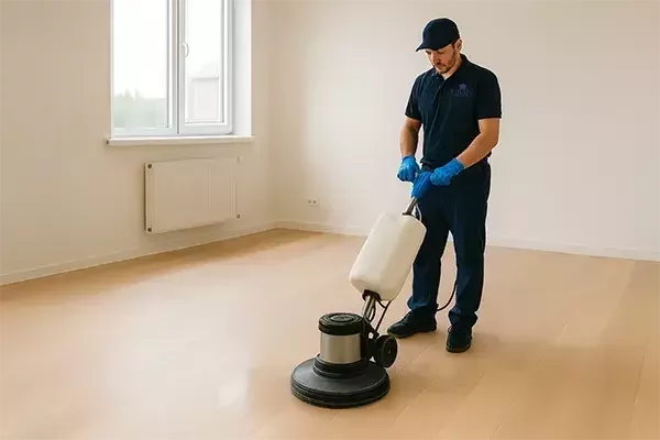 A cleaning technician in uniform operates a floor stripping machine in an empty room, preparing the surface for a polished finish.