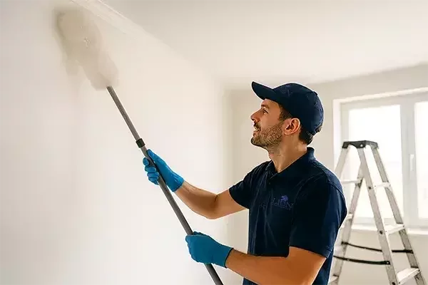 A cleaning operative in a blue uniform uses an extendable tool to wipe high corners of a white wall, ensuring thorough detail during post-construction cleaning.