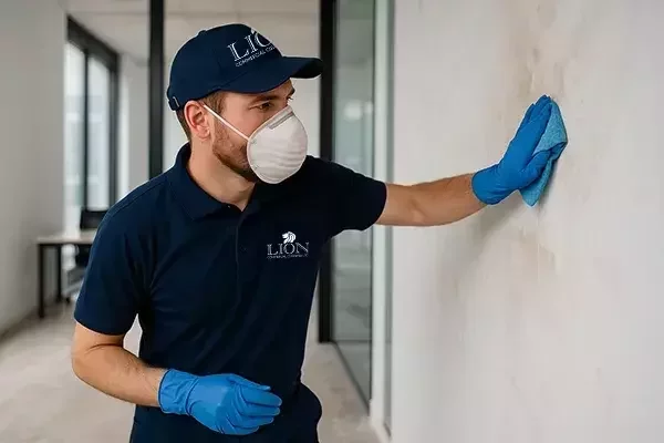 A cleaning operative wearing gloves, a mask, and a cap wipes marks from a white wall with a blue cloth during post-construction cleaning.