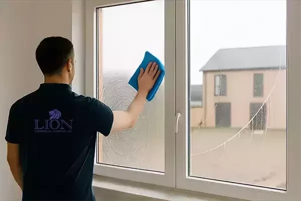 A cleaning operative uses a squeegee to remove dust and residue from large windows in a newly built interior as part of an after builders window cleaning periodical service.