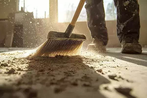 A cleaning operative sweeps heavy dust and debris on a construction site, with sunlight highlighting the airborne particles during clean-up.