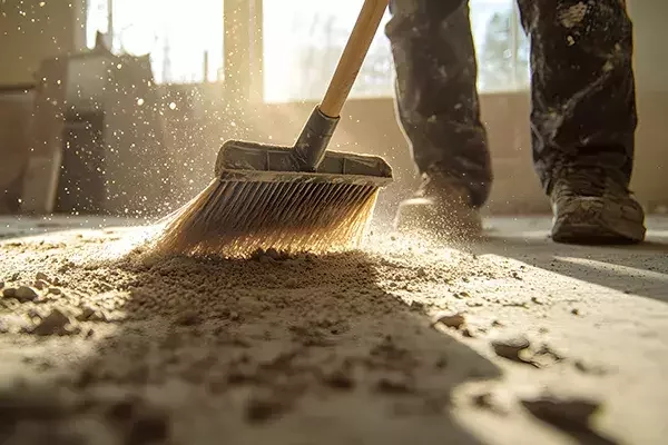 A cleaning operative sweeps heavy dust and debris on a construction site, with sunlight highlighting the airborne particles during cleanup.