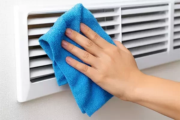 Hand using a blue cloth to wipe and clean dust from a white air vent cover.