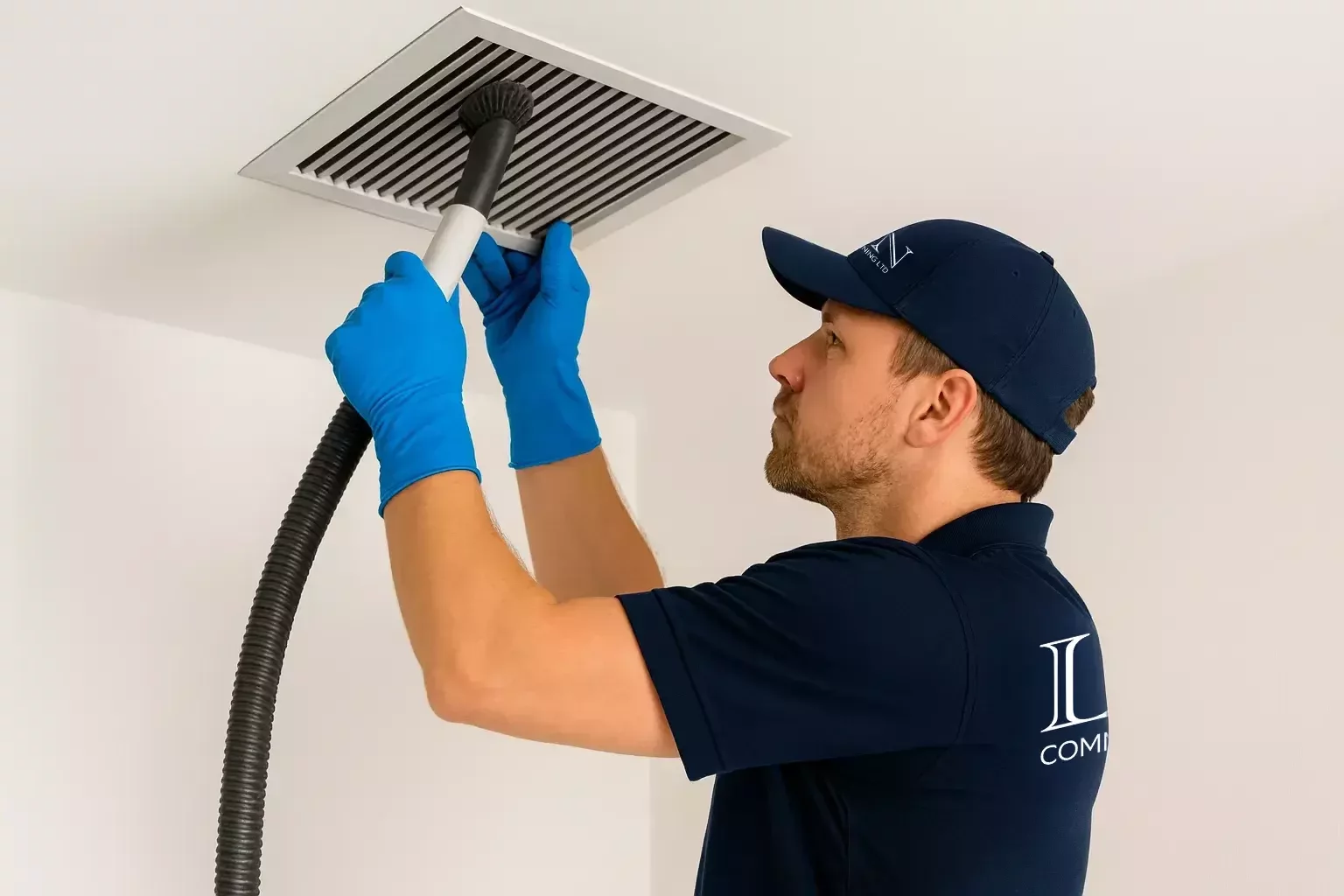 Cleaning specialist in a navy uniform, cap, and blue gloves using a vacuum hose with a brush attachment to remove dust from a ceiling air vent.