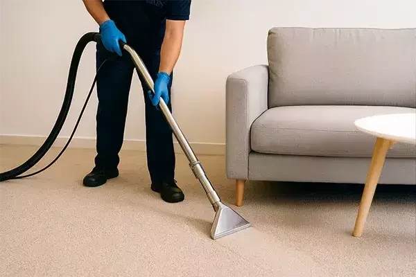 Cleaning specialist using a professional carpet extraction machine to deep clean a grey carpet in a living room, leaving a clearly defined clean path.