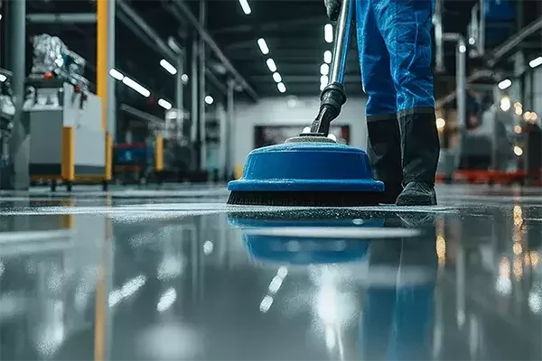 Cleaning operative in protective boots and orange trousers operating a blue industrial floor scrubbing machine to deep clean a polished factory floor.