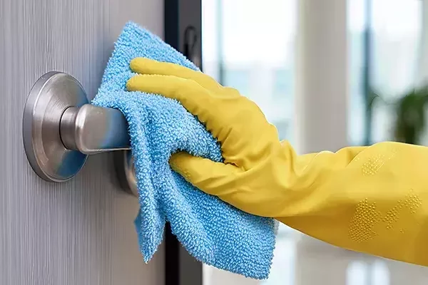 Hand wearing a yellow glove wiping a metal door handle with a blue microfiber cloth to disinfect and remove germs.