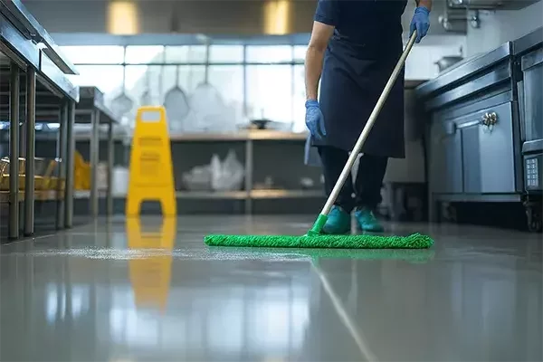 A cleaning operative mops the shiny floor of a commercial kitchen with a green mop, while a yellow caution sign is placed in the background for safety.