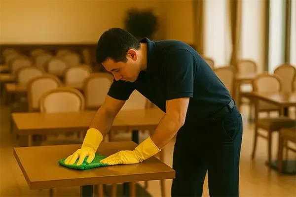 A cleaning technician in a navy uniform and yellow gloves wipes a wooden dining table with a green cloth in a restaurant dining area filled with neatly arranged chairs and tables.