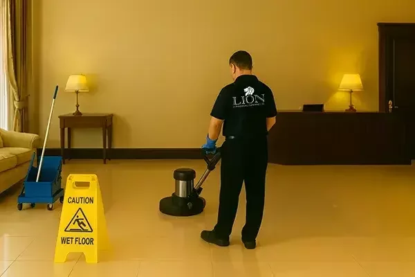 A cleaning technician, seen from behind, operates a floor buffer in a hotel lobby with polished tiles, a caution wet floor sign, a cleaning cart, and warm lighting from table lamps.