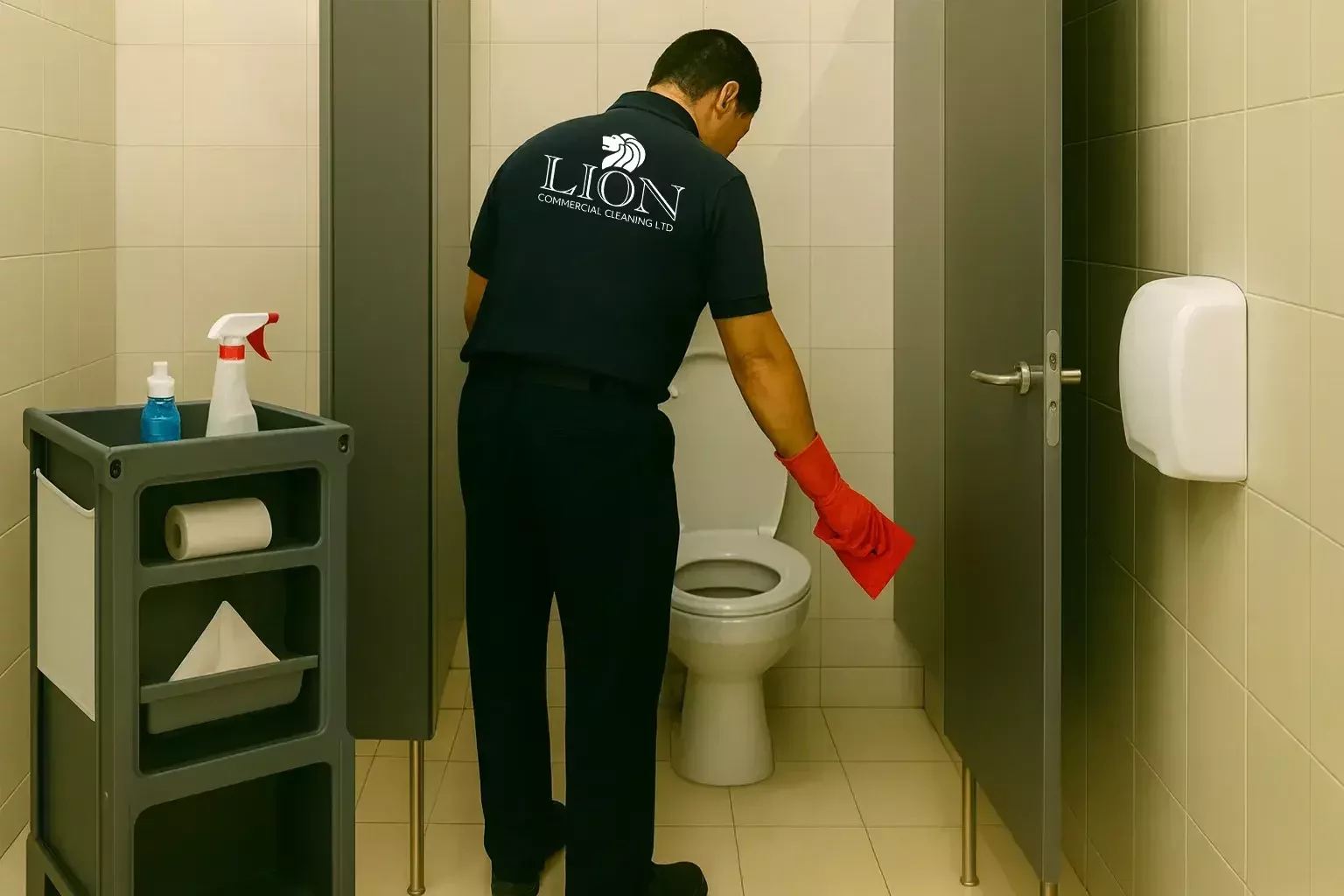 A cleaning operative in a navy uniform and red gloves wipes the toilet in a public restroom stall with a red cloth, with a cleaning cart and supplies nearby.