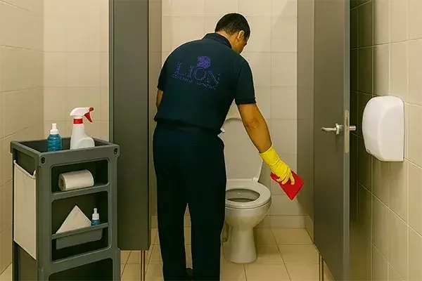 A cleaning operative in a navy uniform and yellow gloves wipes the toilet in a public restroom stall with a red cloth, with a cleaning cart and supplies nearby.