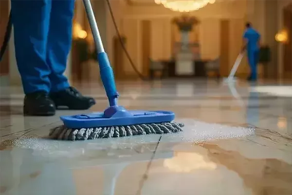 A cleaning technician scrubs soapy water across a polished floor with a blue broom in a bright, well-lit interior space.