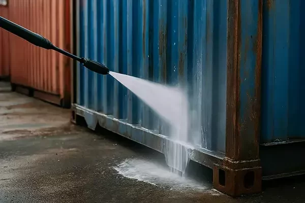 High-pressure water jet cleaning the lower section of a blue industrial shipping container, removing dirt and residue from the metal surface.
