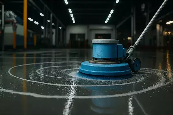 Industrial floor buffer scrubbing a wet concrete surface in a warehouse, leaving circular cleaning patterns during the floor stripping process.