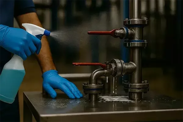 Close-up of stainless steel industrial valves being sanitised with a spray bottle, showing disinfectant mist and foam dripping during hygiene cleaning.