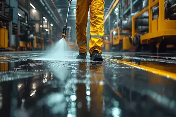 A cleaning operative in yellow waterproof trousers uses a high-pressure washer to clean the wet floor of an industrial facility, with machinery and shelving visible in the background.