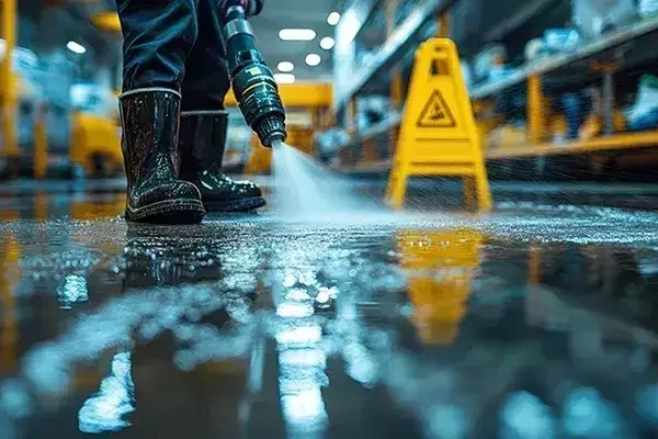 Close-up of a cleaning operative in waterproof boots using a high-pressure hose to wash a wet warehouse floor, with a yellow caution sign visible in the background.