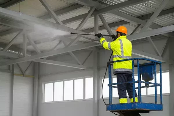 A cleaning technician in a high-visibility jacket and orange safety helmet operates a pressure washer from a raised platform to clean overhead steel beams inside an industrial building.