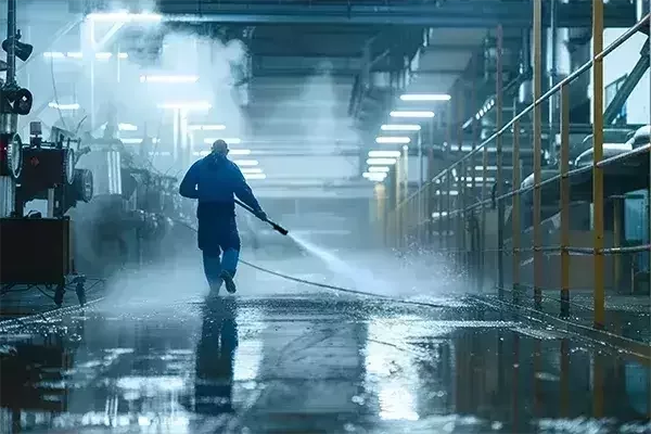 A cleaning technician in blue protective scrubs pressure washes the floor of an industrial facility, with mist rising and bright overhead lights reflecting off the wet surface.