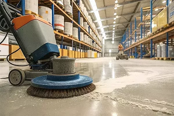 A close-up of a blue industrial floor scrubber cleaning the concrete floor of a warehouse, with shelves of goods and another cleaning machine visible in the background.