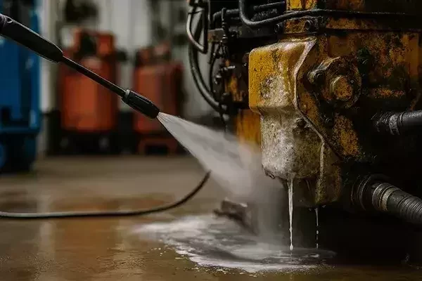 High-pressure spray cleaning grease and oil build-up from industrial machinery, with degreasing solution visibly washing away grime.