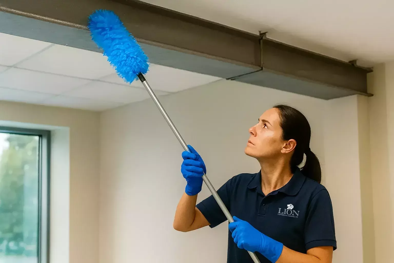 An office cleaning specialist wearing a navy shirt and blue gloves uses a long blue duster to remove dust from high ceiling beams in an office space.