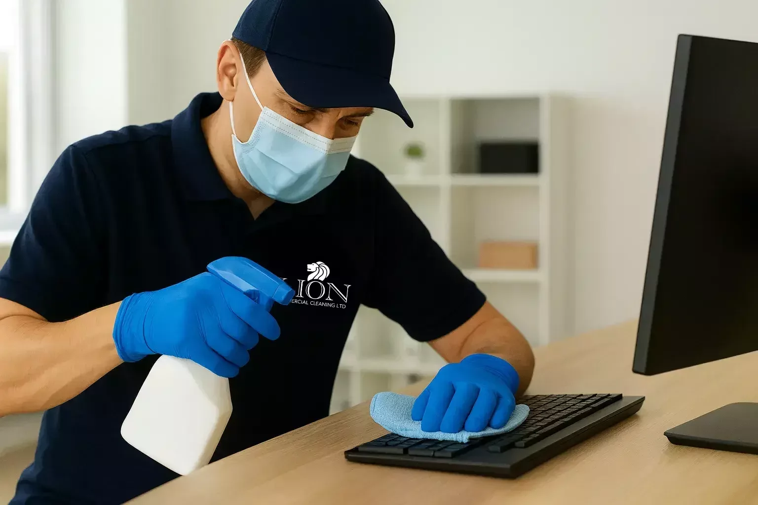 A sanitation worker wearing a mask, gloves, and a navy uniform sprays disinfectant and wipes down a computer keyboard in an office workspace.