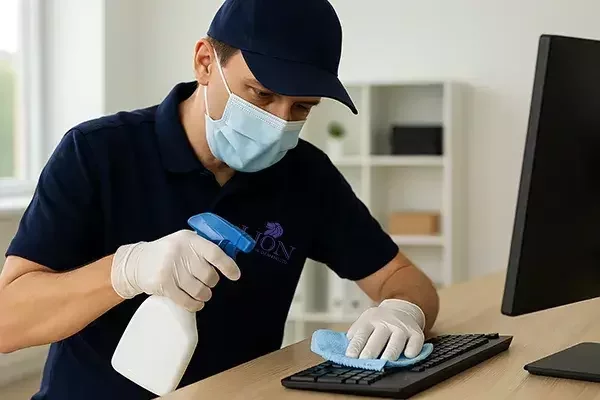 A sanitation worker wearing a mask, gloves, and a navy uniform sprays disinfectant and wipes down a computer keyboard in an office workspace.