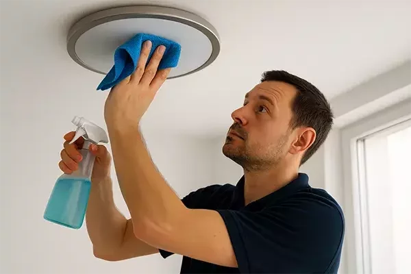A cleaning technician holds a spray bottle and wipes down a ceiling light fixture with a blue cloth, ensuring it is free from dust and dirt.