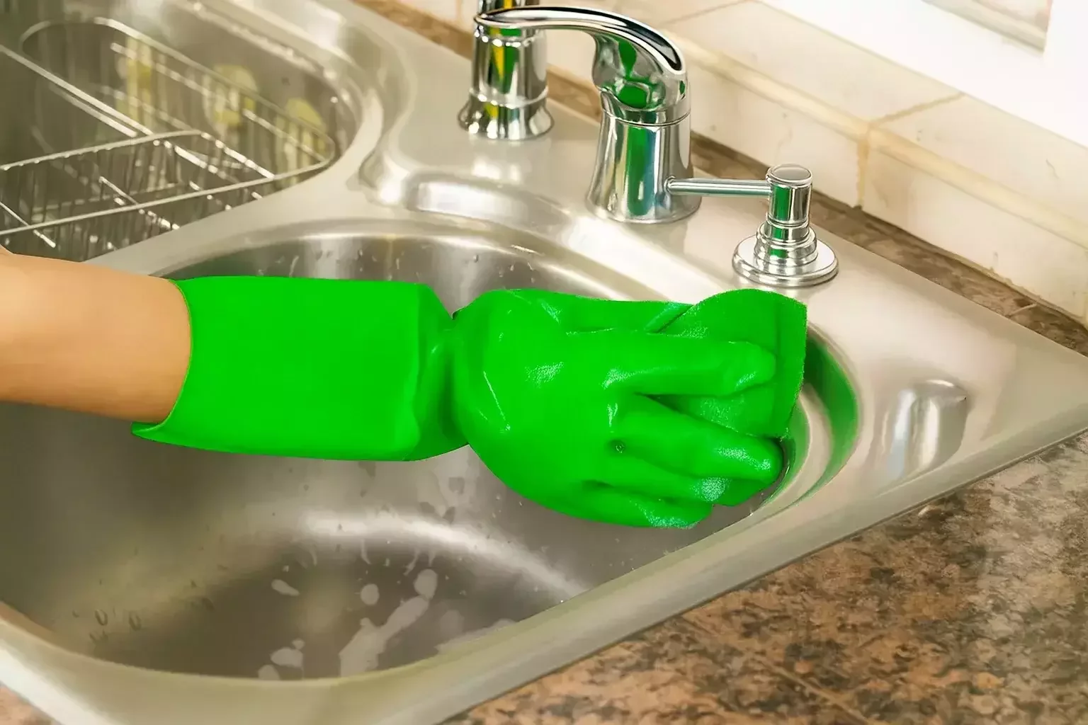A cleaning operative wearing green rubber gloves scrubs a stainless steel kitchen sink with a soapy sponge, focusing on hygiene and shine.