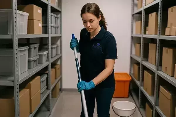 A cleaning technician in a navy uniform and blue gloves mops the floor of a storage room lined with shelves filled with boxes and containers.