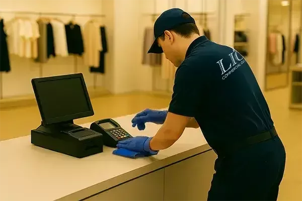 A cleaning operative in a navy uniform and blue gloves leans over a fashion retail checkout, carefully wiping the counter and sanitising the card machine with a spray bottle, while neatly arranged clothing displays are visible in the background.