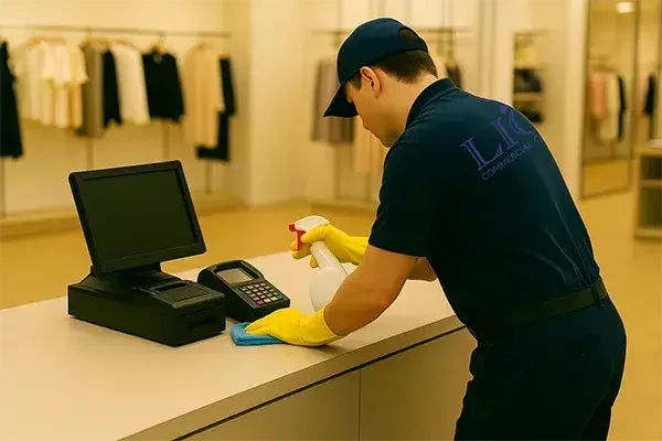 A cleaning operative in a navy uniform and yellow gloves leans over a fashion retail checkout, carefully wiping the counter and sanitising the card machine with a spray bottle, while neatly arranged clothing displays are visible in the background.