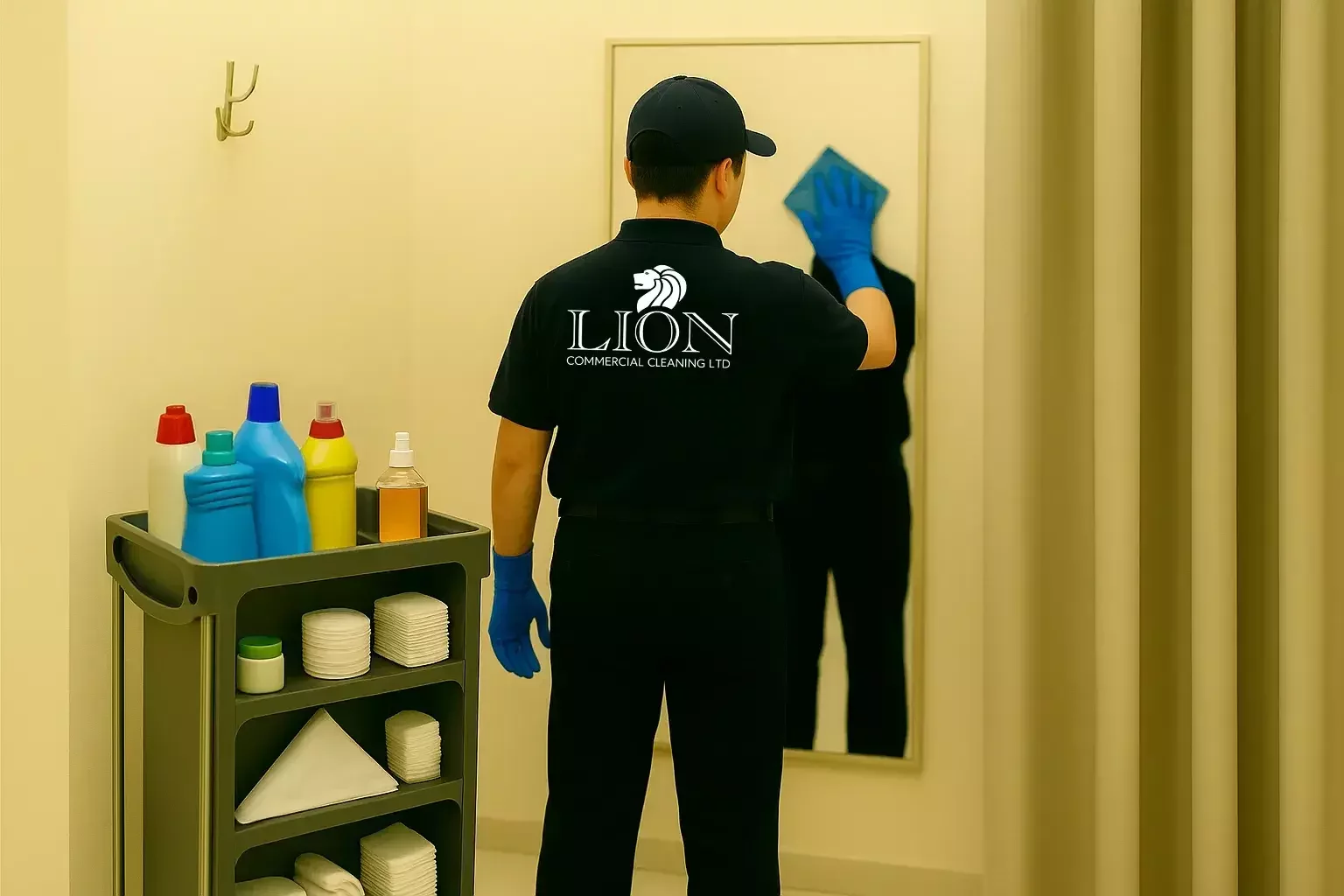 A cleaning technician in a navy uniform and blue gloves wipes a full-length mirror inside a fitting room, with a fully stocked cleaning cart containing sprays, bottles, and folded towels positioned nearby to emphasise professional upkeep of customer areas.