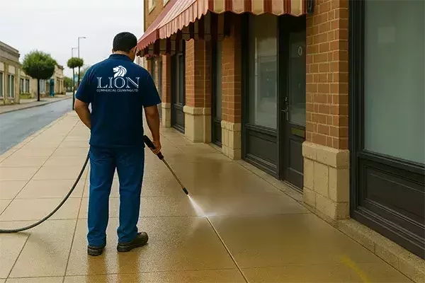 A cleaning operative in a blue uniform power washes the pavement outside a retail store, highlighting professional external area cleaning.