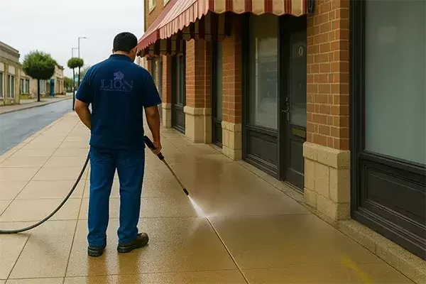 A cleaning operative in a blue uniform power washes the pavement outside a retail store, highlighting professional external area cleaning.