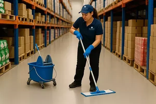 A cleaning operative in a navy uniform and cap mops the floor of a warehouse aisle with a blue mop and matching blue bucket on wheels, wearing blue gloves and surrounded by shelves stacked with cardboard boxes.
