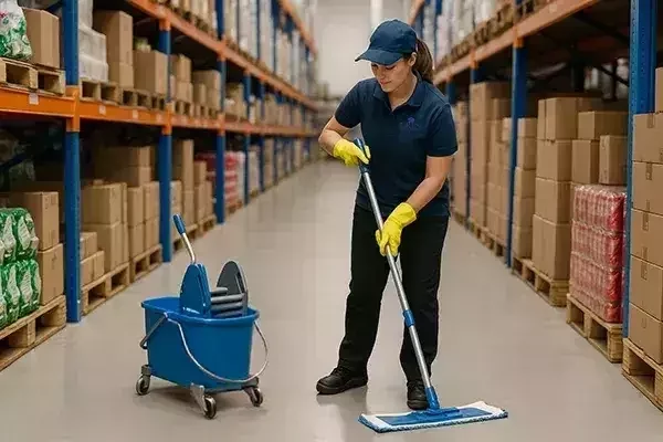 A cleaning operative in a navy uniform and cap mops the floor of a warehouse aisle with a blue mop and matching blue bucket on wheels, wearing bright yellow gloves and surrounded by shelves stacked with cardboard boxes.