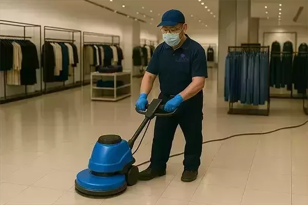 A cleaning technician in a navy uniform uses a blue floor polisher to clean the tiled floor of a retail clothing store, wearing a face mask, cap, and gloves while surrounded by neatly arranged clothing racks.
