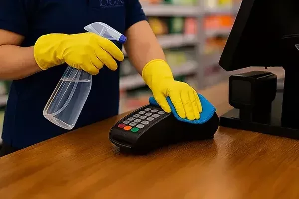 A cleaning technician in a blue shirt and yellow gloves wipes a payment terminal with a blue cloth and spray bottle, positioned on a wooden checkout counter next to a monitor.