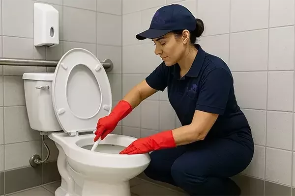 A cleaning technician in a navy uniform and cap scrubs the inside of a toilet bowl with a brush while wearing bright red gloves, in a tiled restroom equipped with a grab bar and wall-mounted soap dispenser.