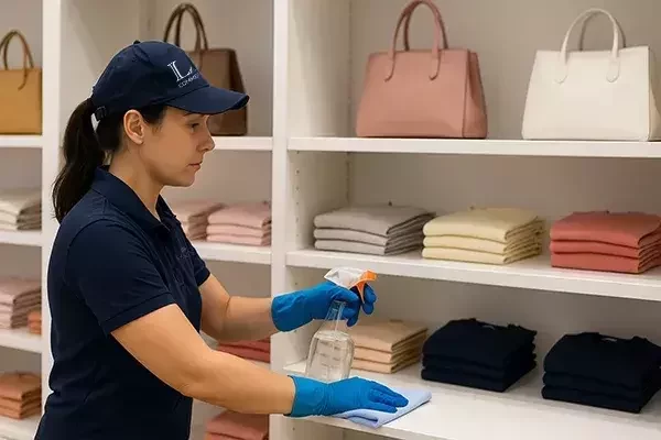 A cleaning technician in a navy uniform and cap uses a spray bottle and cloth while wearing blue gloves to wipe down a retail display shelf lined with neatly folded clothes and handbags.