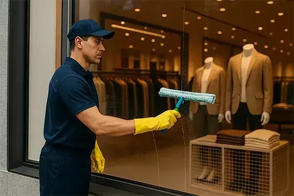A cleaning operative in a navy uniform and yellow gloves uses a blue squeegee to wash the glass window of a clothing store, with mannequins and folded garments visible inside the well-lit display area.