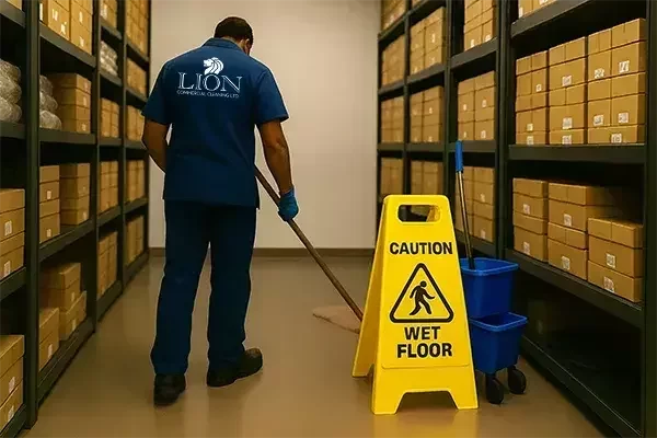 A cleaning technician in a blue uniform mops the floor of a tidy stockroom lined with stacked cardboard boxes, with a yellow “Caution Wet Floor” sign and blue mop bucket emphasising safety and thorough cleaning.