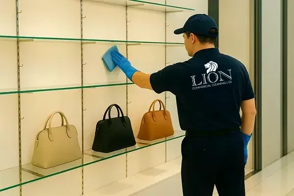 A cleaning technician in a navy uniform and blue gloves wipes down a glass display shelf with a blue cloth in a store, with handbags neatly arranged on the lower shelves.