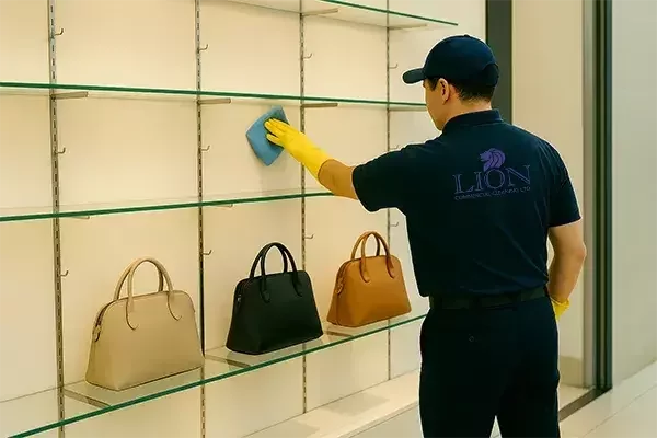 A cleaning technician in a navy uniform and yellow gloves wipes down a glass display shelf with a blue cloth in a store, with handbags neatly arranged on the lower shelves.
